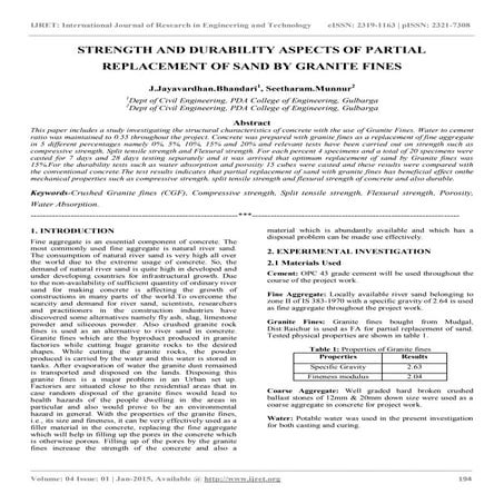 Strength and durability aspects of partial replacement of sand by granite fines