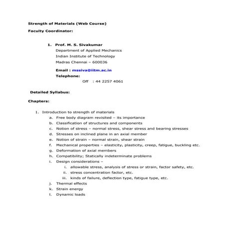 Strength of materials syllabus
