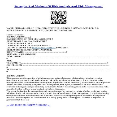 Strengths And Methods Of Risk Analysis And Risk Management | PDF