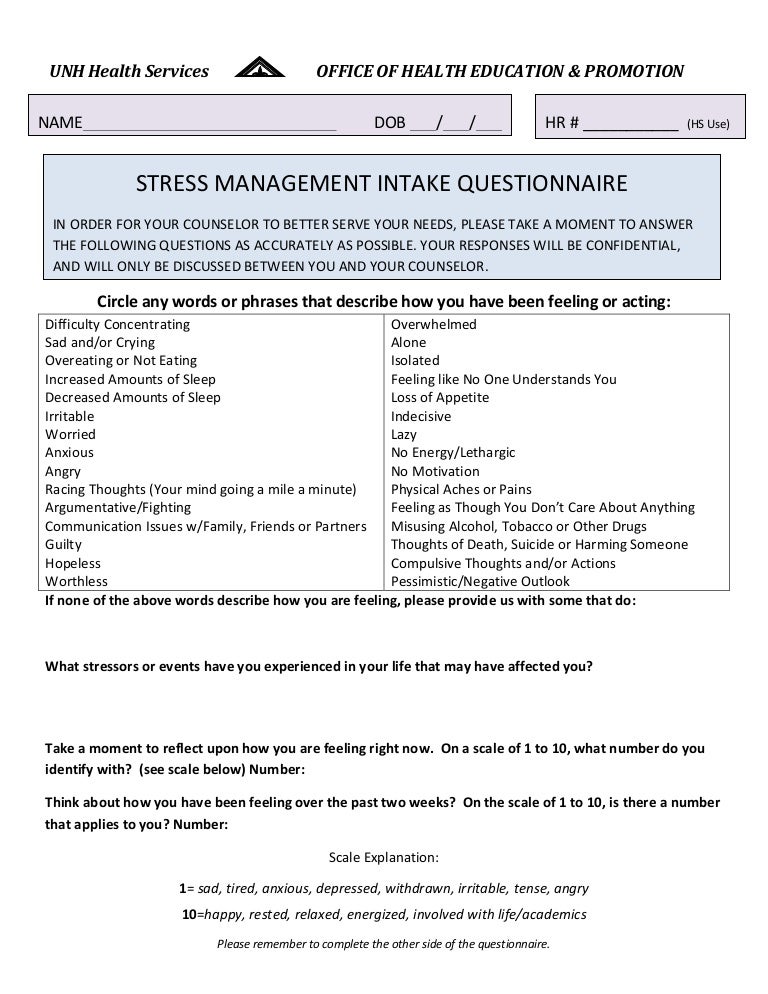 Stress intake questionnaire