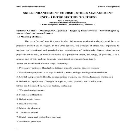 Stress Management, workplace stress, stages and personal types of stress.
