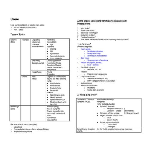 Stroke ( concise long case approach ) summary