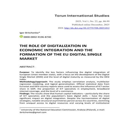THE ROLE OF DIGITALIZATION IN ECONOMIC INTEGRATION AND THE FORMATION OF ...