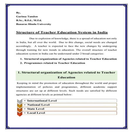 Structure of Teacher Education System in India  by Garima Tandon