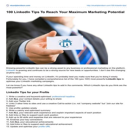 100 LINKEDIN TIPS TO REACH YOUR MAXIMUM MARKETING POTENTIAL