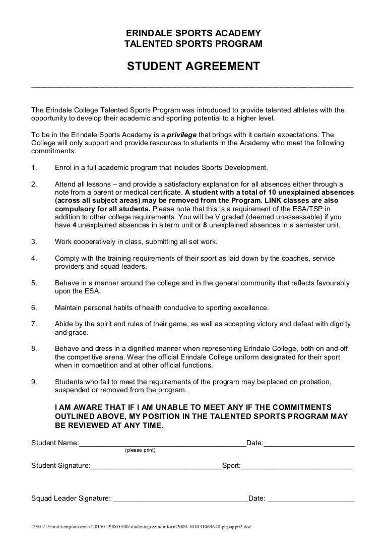 Student Agreement form