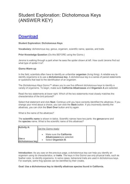 Student exploration  dichotomous keys (answer key)