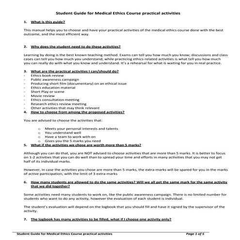 Student Guide for Medical Ethics Course practical activities