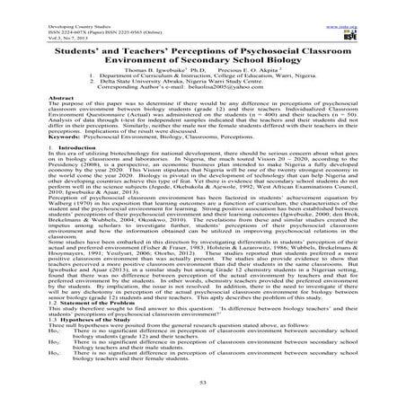 Students’ and teachers’ perceptions of psychosocial classroom environment of ...