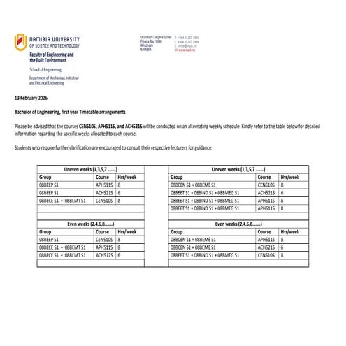 2026 Bachelor of Engineering First Year Timetable and Course Scheduling ...