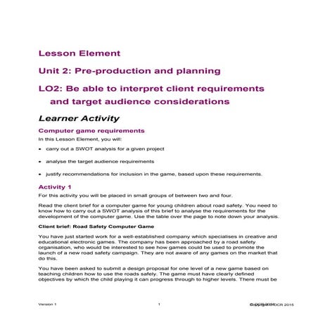 Student task unit 2 lesson elelement computer game requirements | DOC