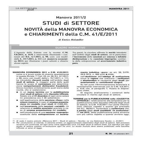 Manovra 2011/2 STUDI di SETTORE NOVITÀ della MANOVRA ECONOMICA e CHIARIMENTI della C.M. 41/E/2011 di Enrico Holzmiller