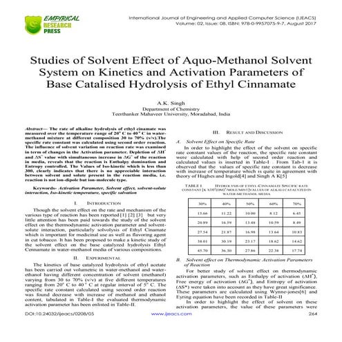 Studies of Solvent Effect of Aquo-Methanol Solvent System on Kinetics and Activation Parameters of Base Catalised Hydrolysis of Ethyl Cinnamate