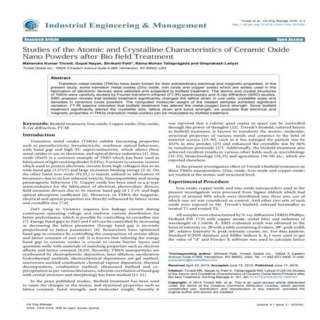 Studies of the Atomic and Crystalline Characteristics of Ceramic Oxide Nano P...