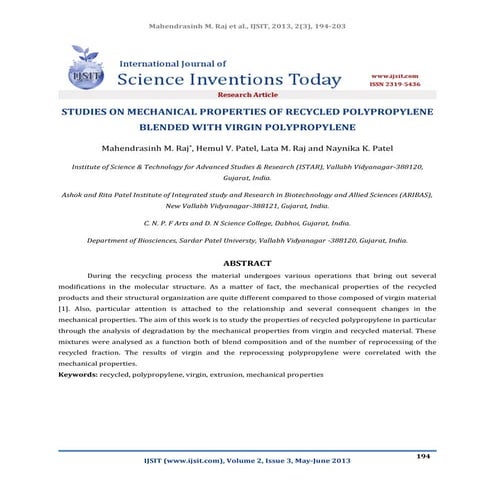 Studies on mechanical properties of recycled polypropylene blended with virgi...