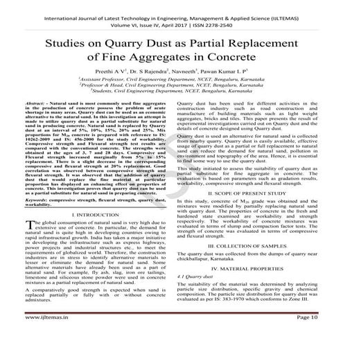 Studies on quarry dust as partial replacement of fine aggregates in concrete