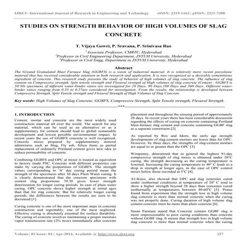 Studies on strength behavior of high volumes of slag concrete
