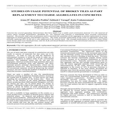 Studies on usage potential of broken tiles as part replacement to coarse aggr...