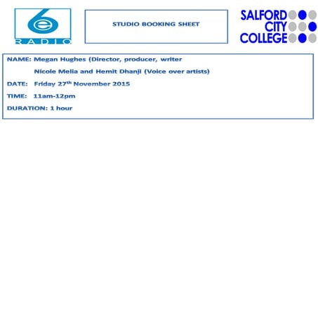 Studio booking sheet