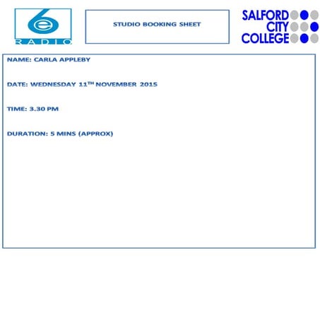 Studio Booking Sheet