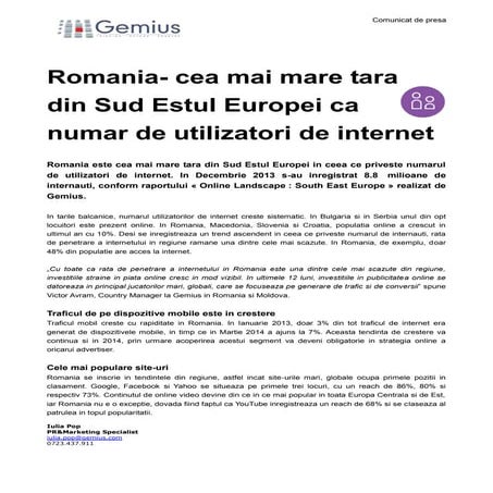 Romania- cea mai mare tara din Sud Estul Europei ca numar de utilizatori de internet