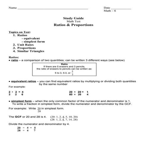 Study Guide Ratio Proportions