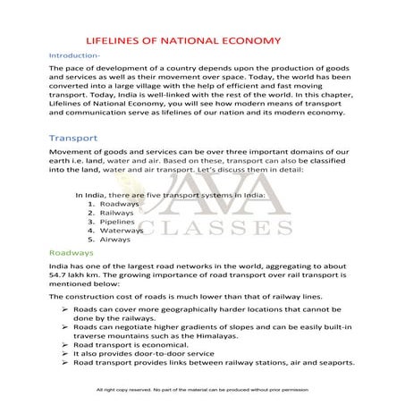 Lifelines of National Economy chapter for Class 10 STUDY MATERIAL PDF