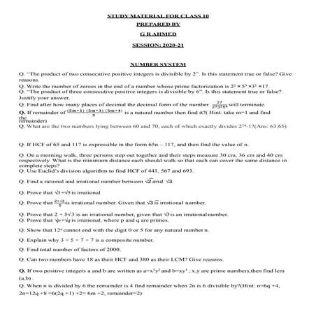 Study materialfor class 10  Mathematics
