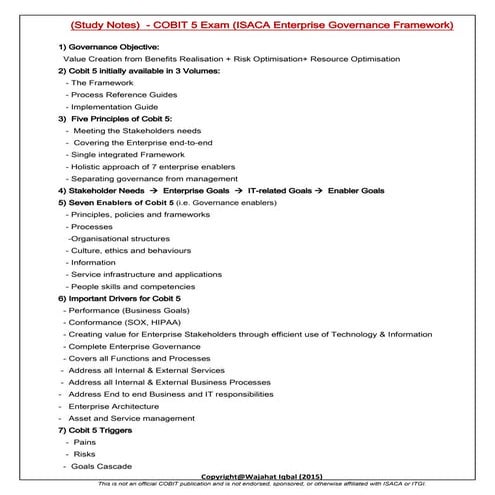 Study Notes - COBIT 5 Foundation Certification