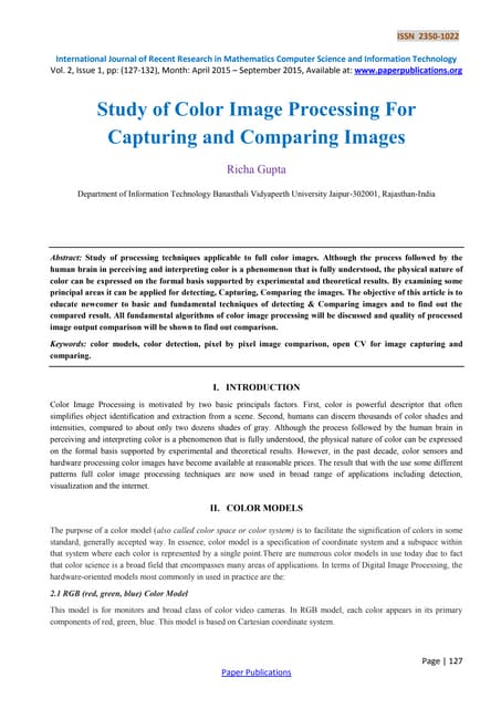 Study of Color Image Processing For Capturing and Comparing Images
