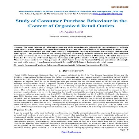 Study of Consumer Purchase Behaviour in the Context of Organized Retail Outlets