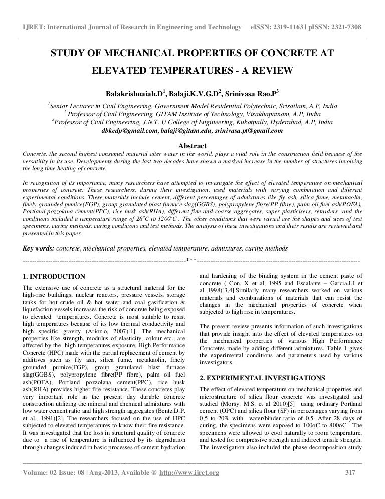 Study of mechanical properties of concrete at elevated temperatures