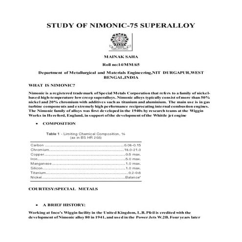 Study of nimonic 75 alloy