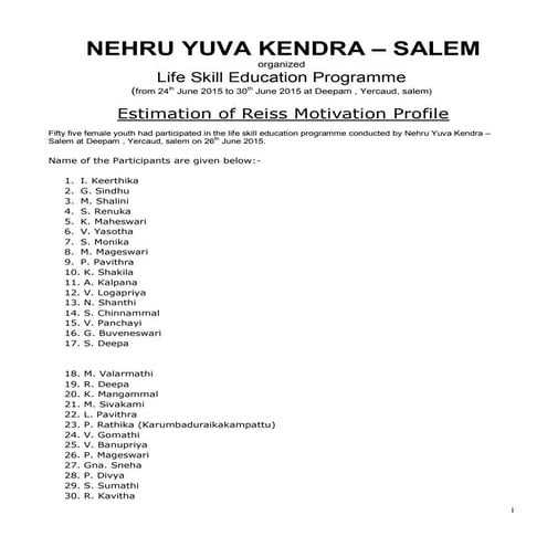 Study of Reiss Motivation Profile in NYK Salem by S.Lakshmanan Psychologist