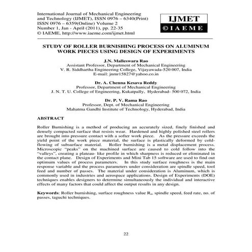 Study of roller burnishing process on aluminum work pieces using design of ex...