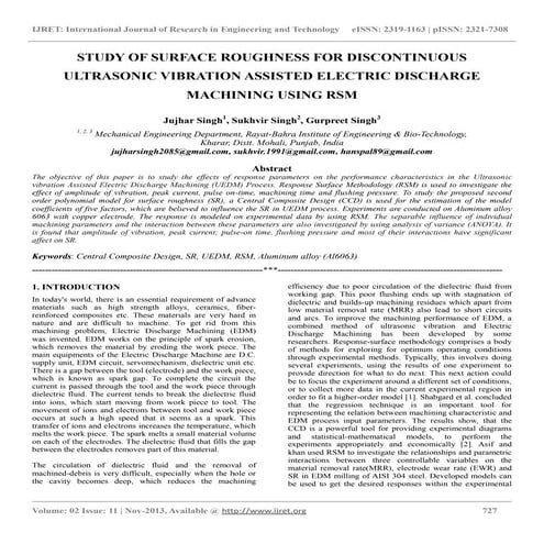 Study of surface roughness for discontinuous ultrasonic vibration assisted el...