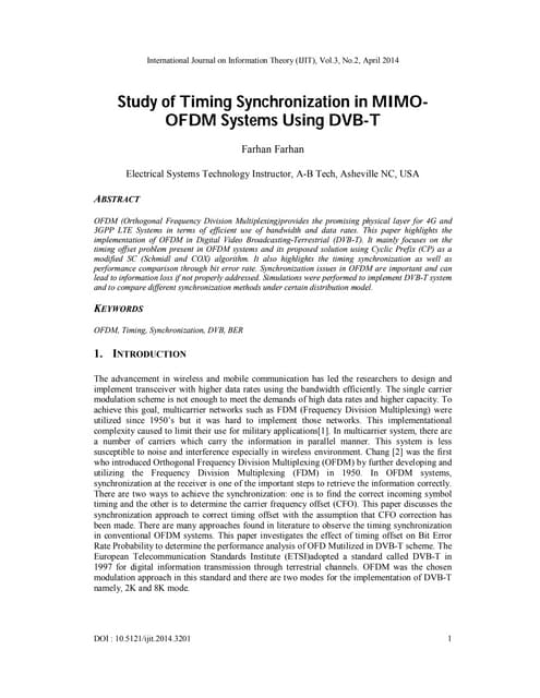 Study of timing synchronization in mimoofdm systems using dvb t