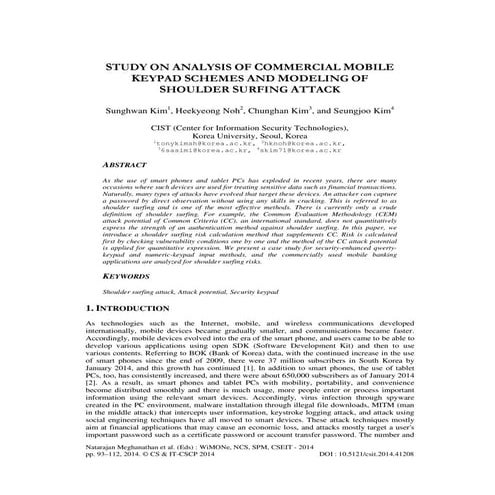Study on analysis of commercial mobile keypad schemes and modeling of shoulde...