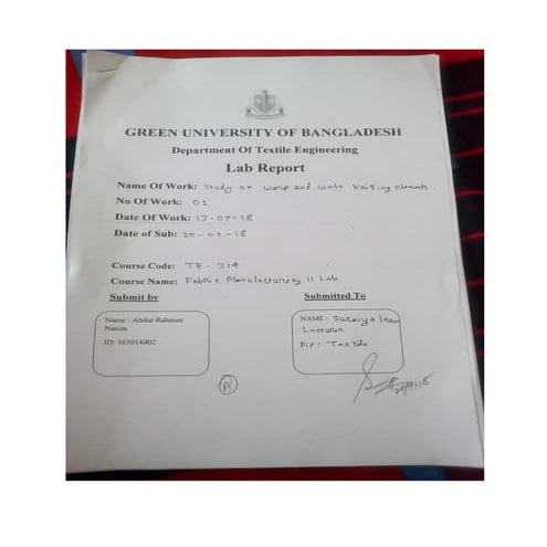 Study on weft and; warp knitting elements lab report