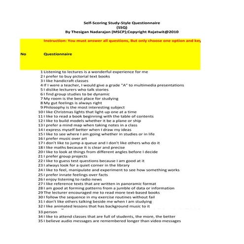Self Scoring Study-style questionnaire  (SSQ)