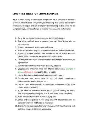 Study tips sheet for visual learners | PPT