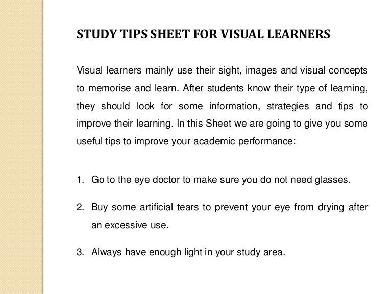 Study tips sheet for visual learners