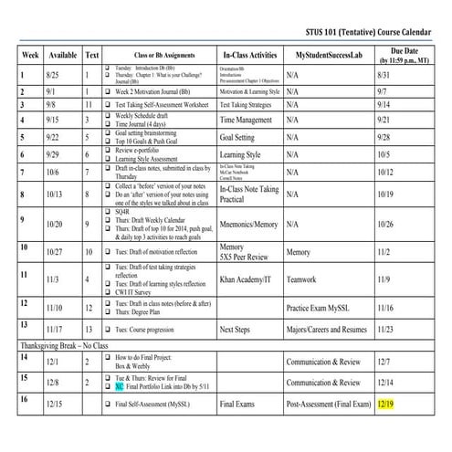 Stus 101 course calendar sp14 lund