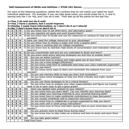 Stus 101 self assessment online