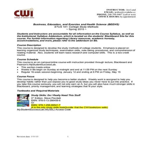 Stus 101 syllabus fall 2015 jen lund