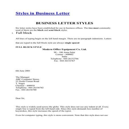 Styles in business letter