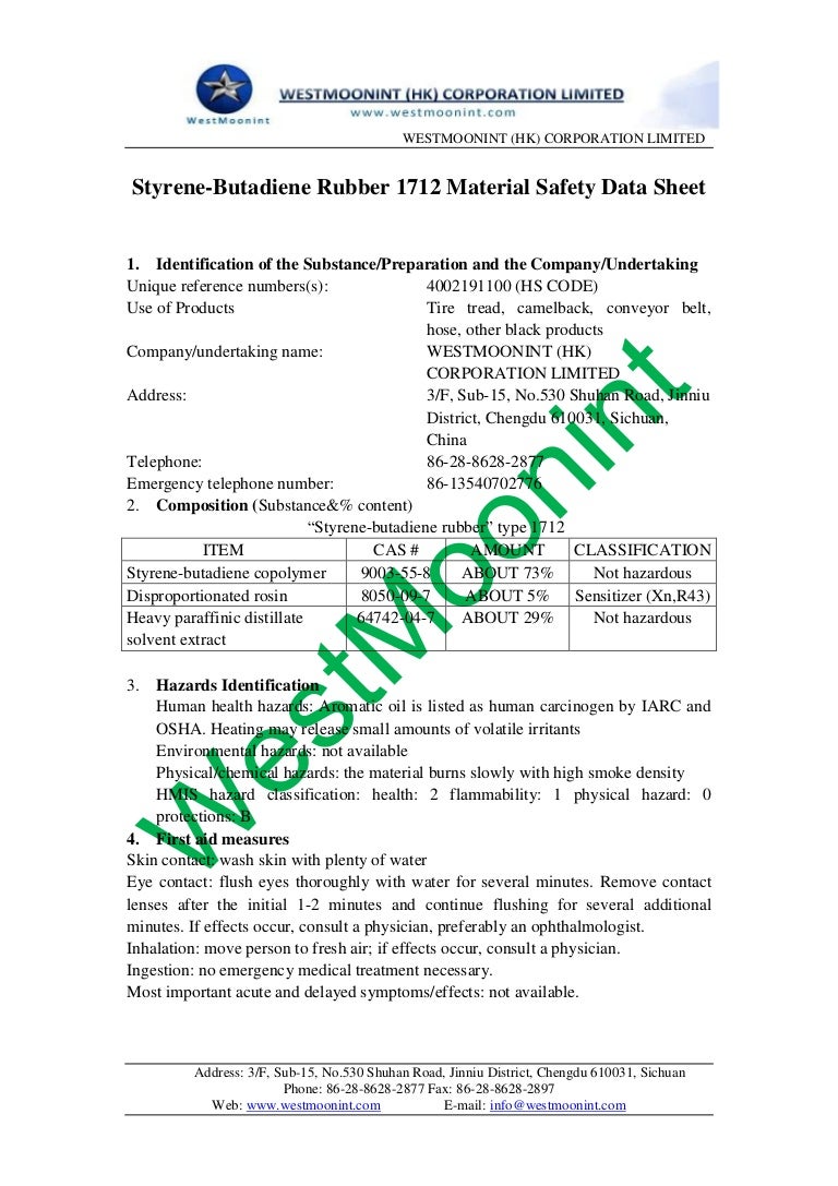 Styrene butadiene rubber 1712 material safety data sheet