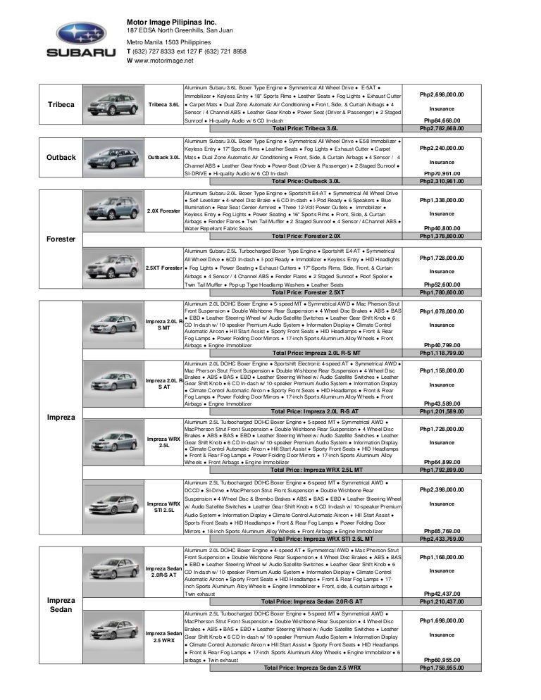 Subaru Price List