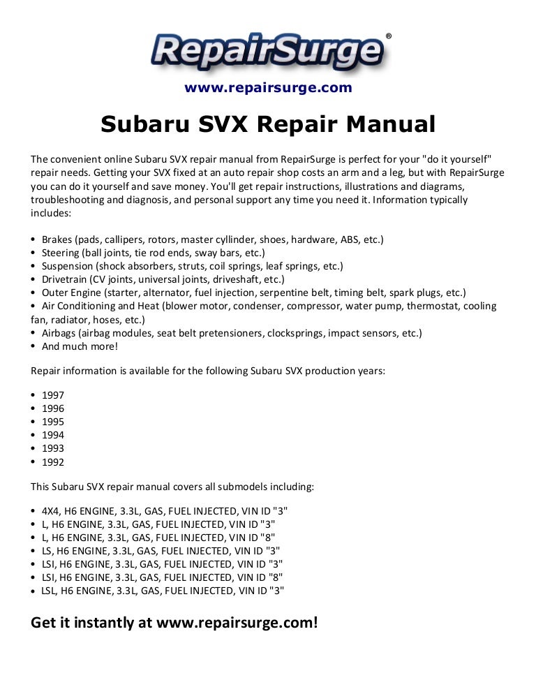 Subaru svx repair manual 1992 1997