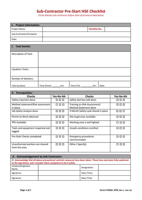 SUB CONTRACTORS HSE CHECKLIST Form # HSEQ - SPSC Rev 2 -.docx